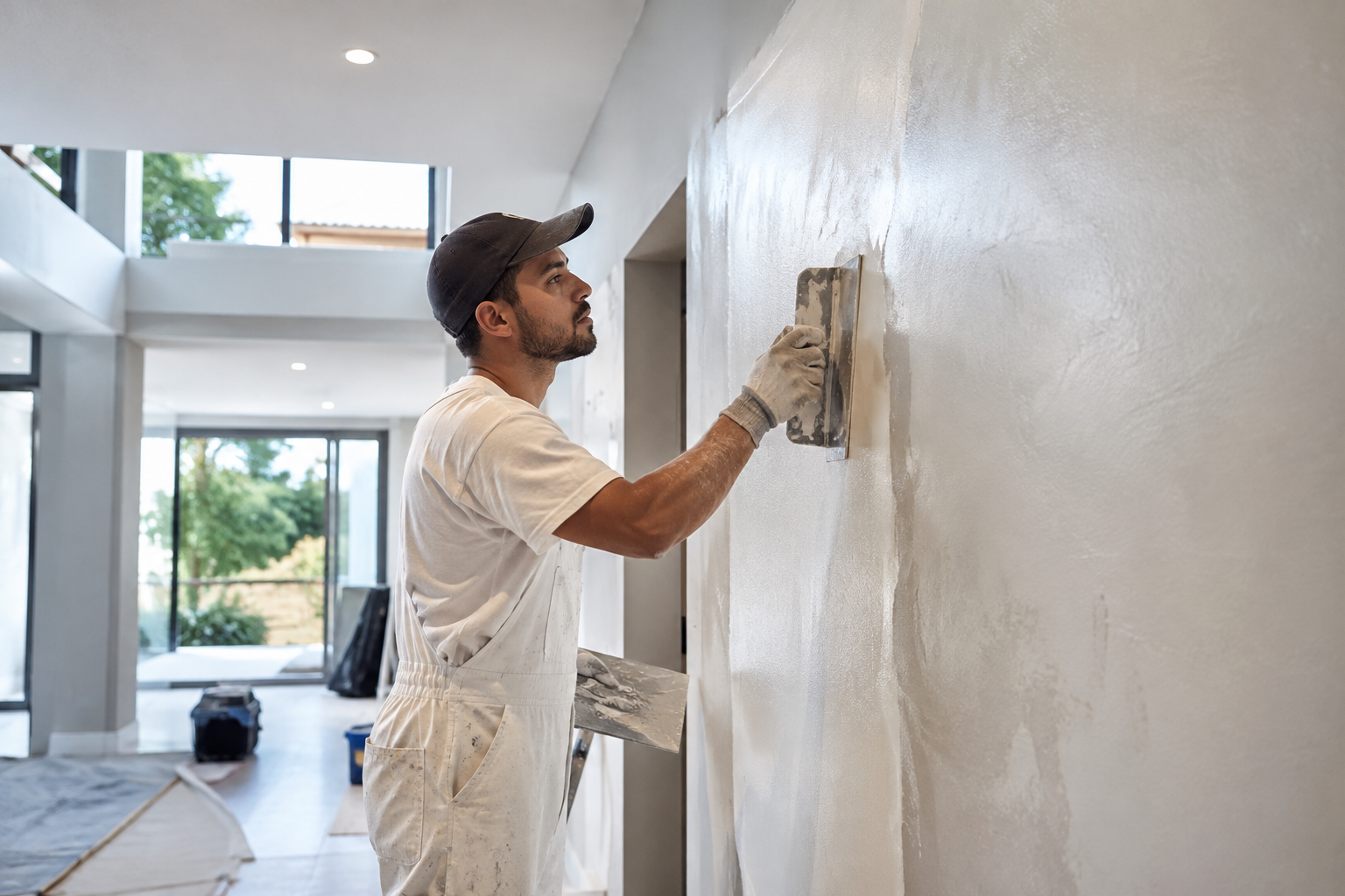 Professional skim coating applied to an interior wall